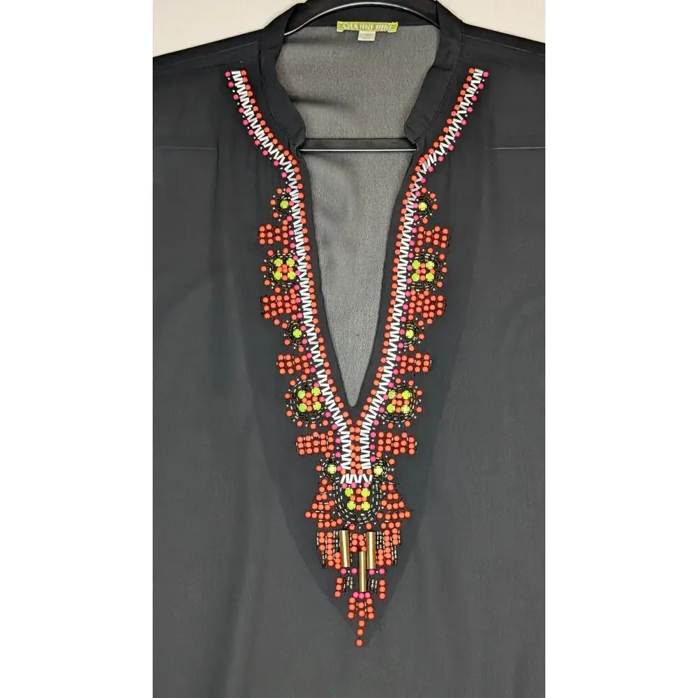 Gianni Bini Resortwear Black Chiffon Beaded Tunic Cover-Up Boho Indie Festival M